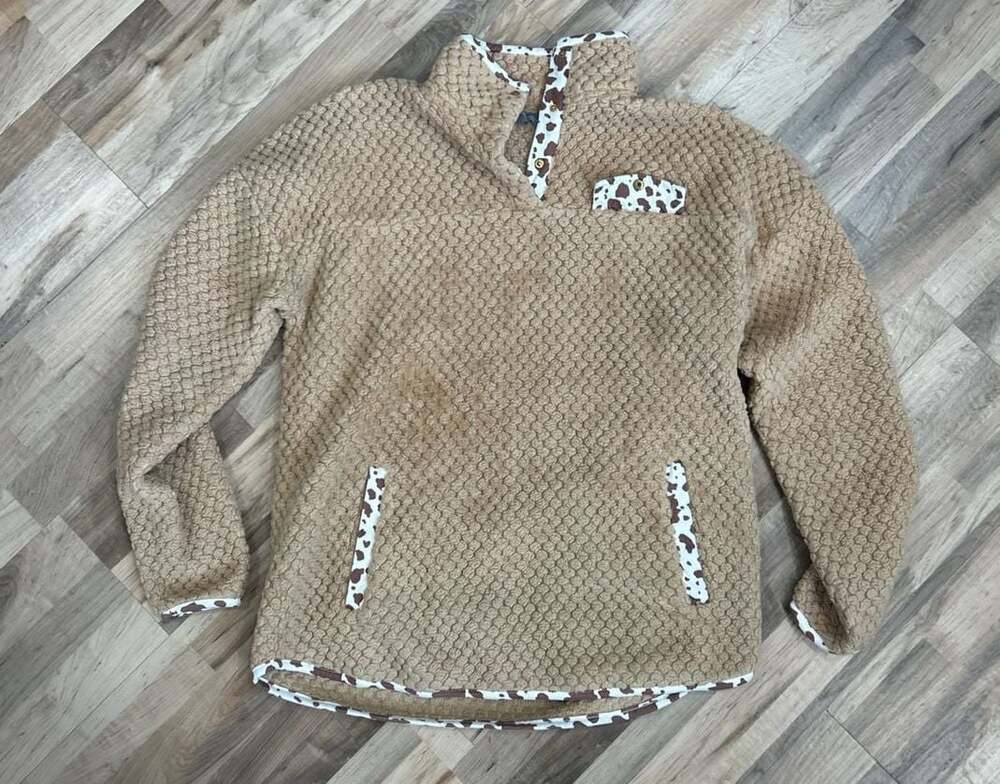 Simply Southern Cow Print Trim Tan Sherpa Pullover